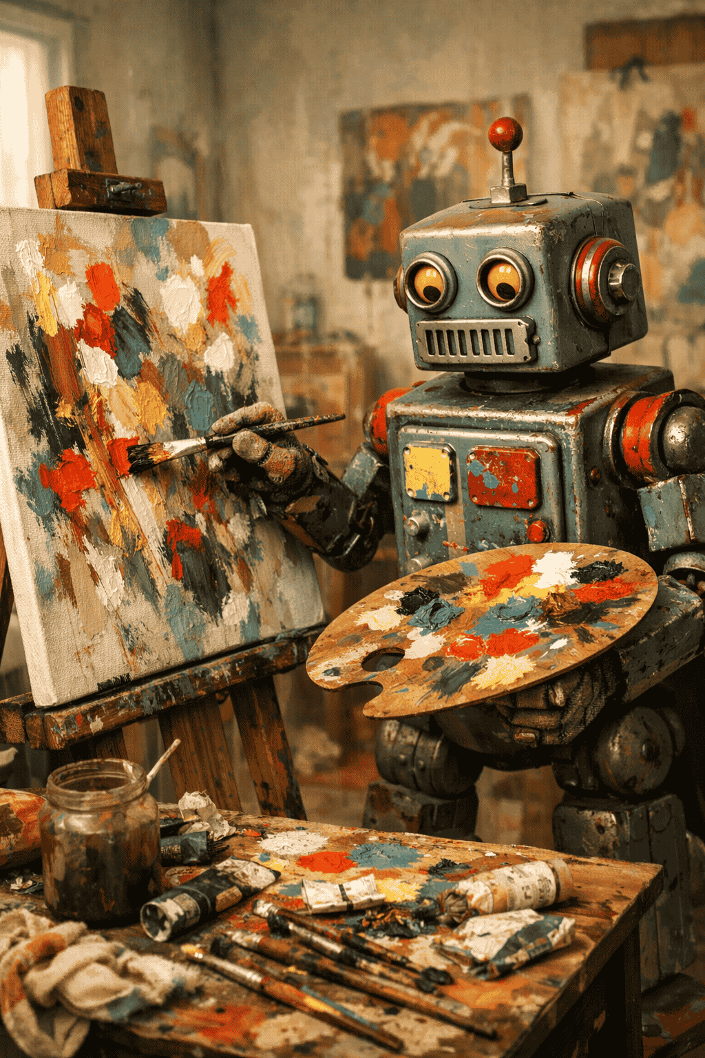 Whimsical editorial photo of a vintage robot in an art studio painting on a canvas, colorful but messy brushstrokes, slightly imperfect composition, soft diffused light, playful metaphor for confident mistakes, muted warm tones, high-detail realistic style